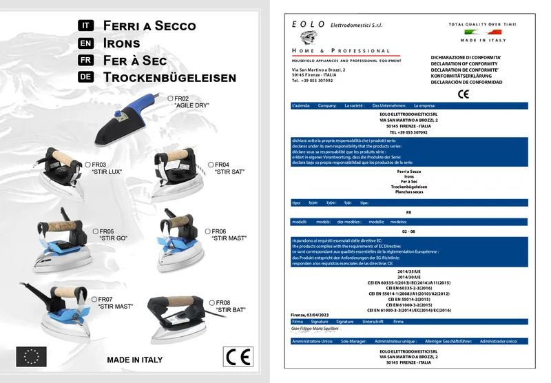 EOLO Ferro da Stiro FR08 Professionale a Secco con Piastra Satinata Made in Italy Garanzia 5 Anni Efficienza A++