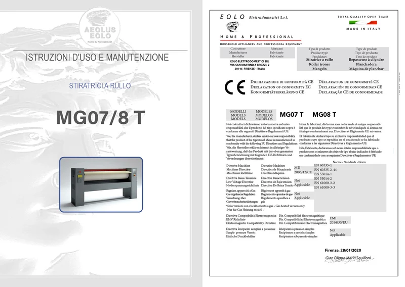 Stiratrice a Rullo Professionale MG08 Mangano da Stiro Biancheria Piana Federe Lenzuola Copriletti Asciugamani Tende Tovaglie Tovaglioli Rullo 200x30 cm Elettronica Efficienza A++ Garanzia 5 Anni