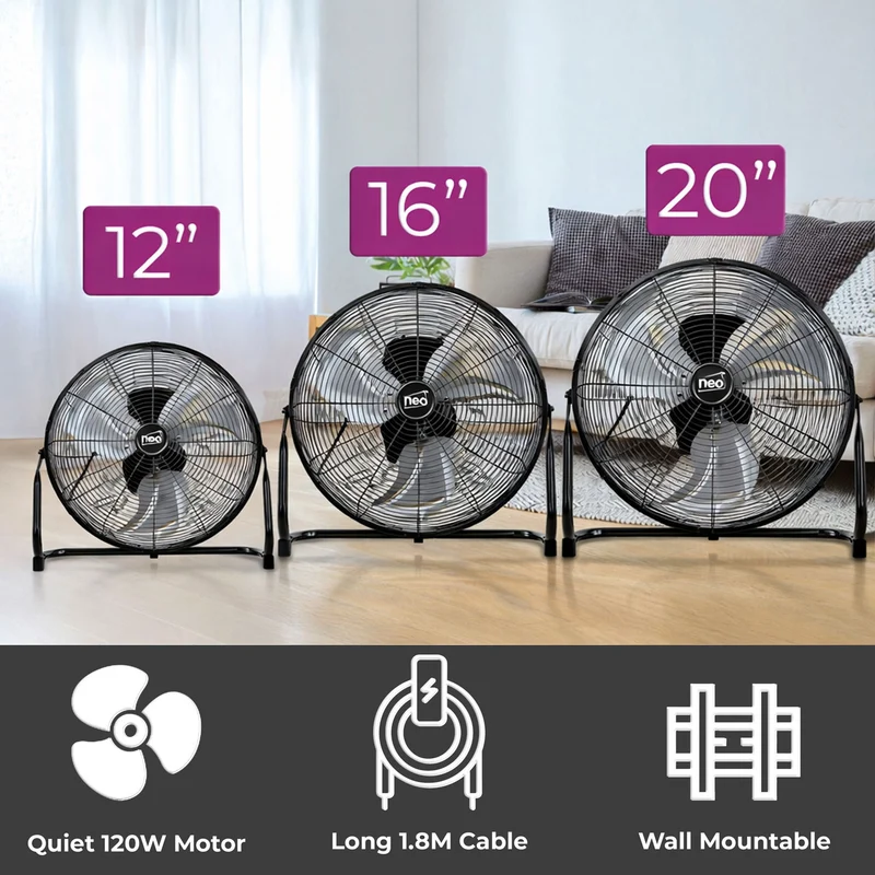 Neo High Velocity Black Metal Floor Freestanding Fan - 16 Inch