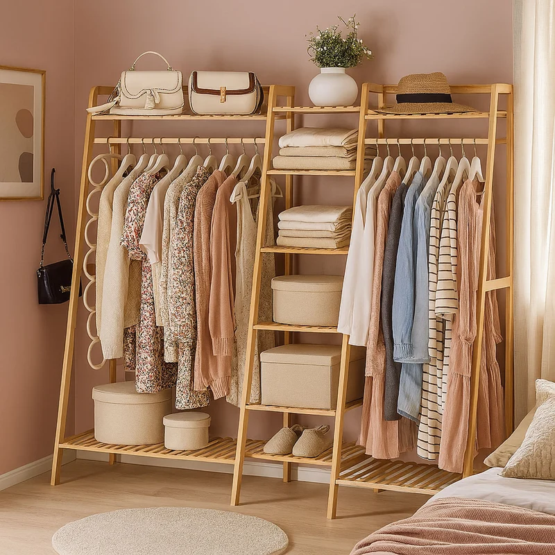 Neo Natural Bamboo Freestanding Open Clothes Rail & Shelves