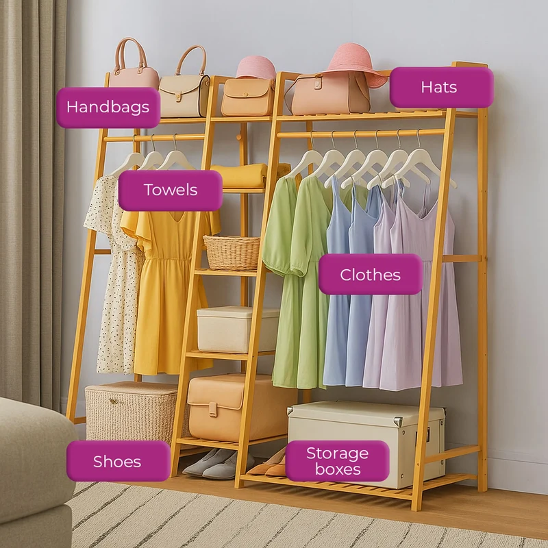 Neo Natural Bamboo Freestanding Open Clothes Rail & Shelves