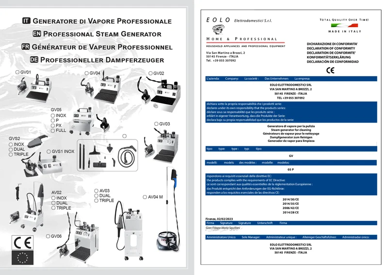EOLO Generatore di Vapore GV05 FULL Pulizia a Vapore Secco Saturo 180 Gradi Sanificazione Disinfestazione Spazzola Elettrica Vaporetto Pavimenti Pulitrice Professionale Accessori per Pulire Divani Tessuto Made in Italy Garanzia 5 Anni Efficienza A++