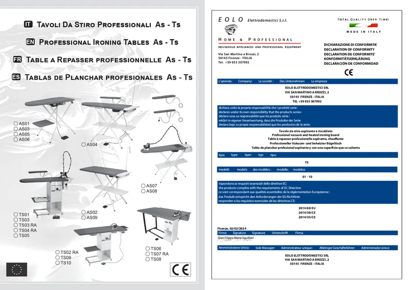 Tavolo da stiro professionale TS02 RA Made in Italy Garanzia 5 anni