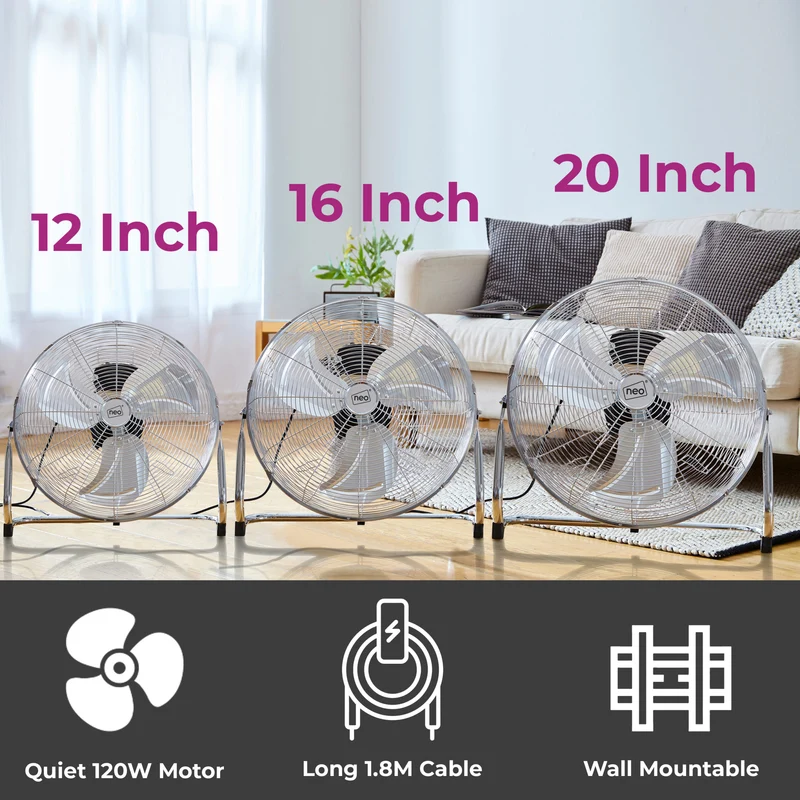 Neo High Velocity Chrome Metal Floor Freestanding Fan - 16 Inch