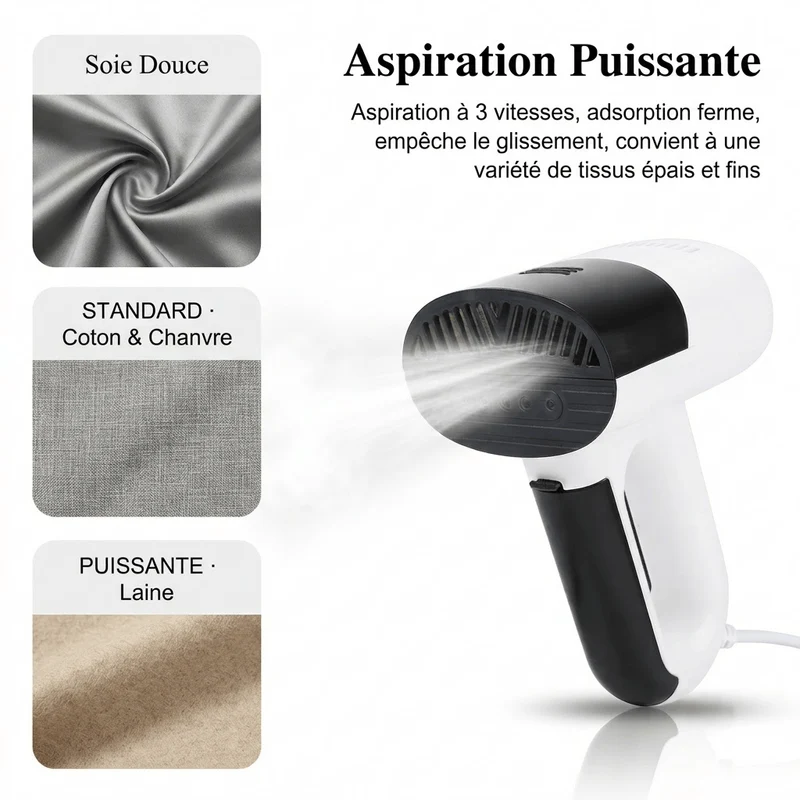 Défroisseur vapeur portable puissant 1000W avec système d'aspiration