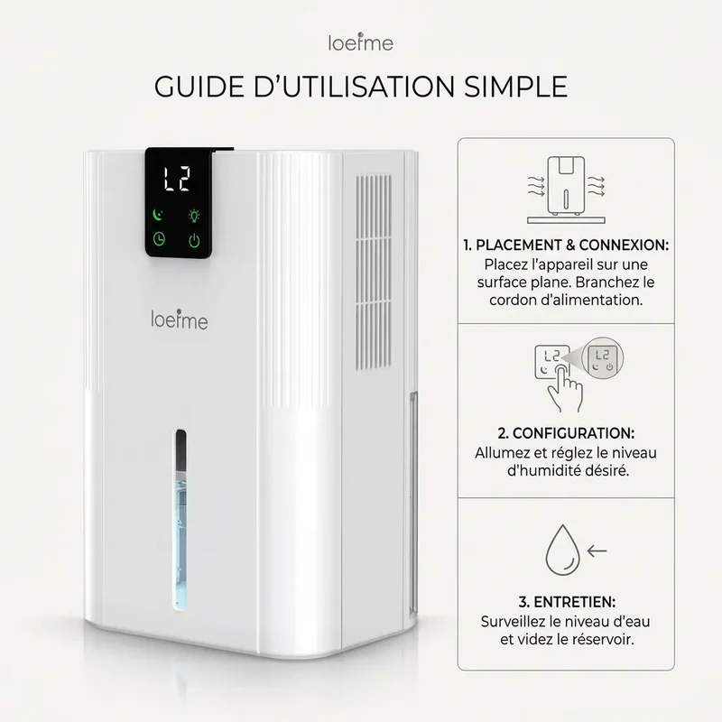 Déshumidificateur d'Air LOEFME | 750 ML/jour, réservoir 2,8 L, écran LED