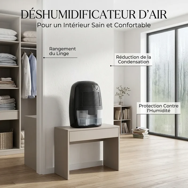 Déshumidificateur Électrique Sécaria | Absorbeur d'humidité compact, réservoir 500 ML, arrêt automatique