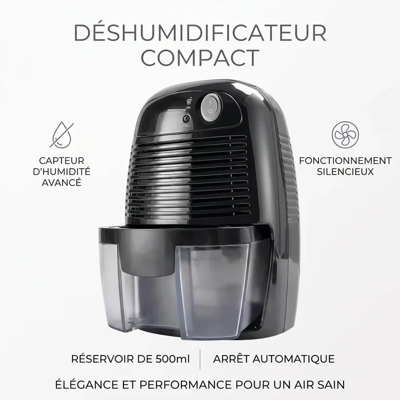 Déshumidificateur Électrique Sécaria | Absorbeur d'humidité compact, réservoir 500 ML, arrêt automatique