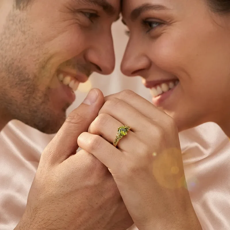 Bague Olivine | Bague pour femme en zircon vert olive, couleur or, sertissage à griffes