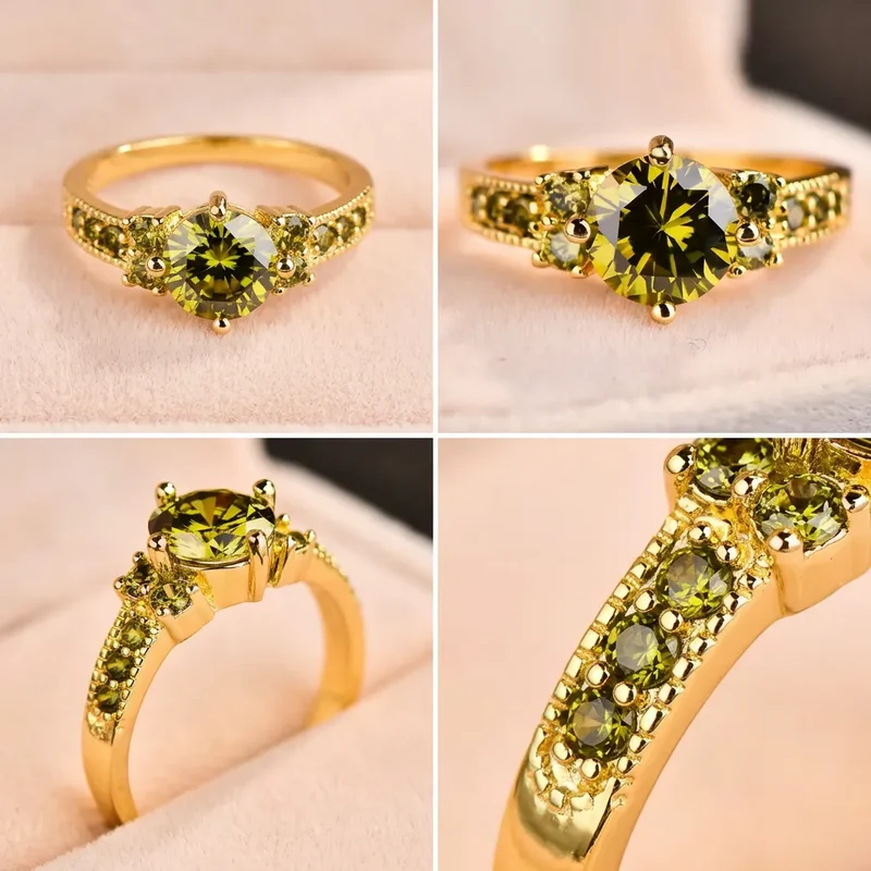 Bague Olivine | Bague pour femme en zircon vert olive, couleur or, sertissage à griffes