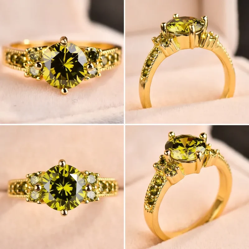 Bague Olivine | Bague pour femme en zircon vert olive, couleur or, sertissage à griffes