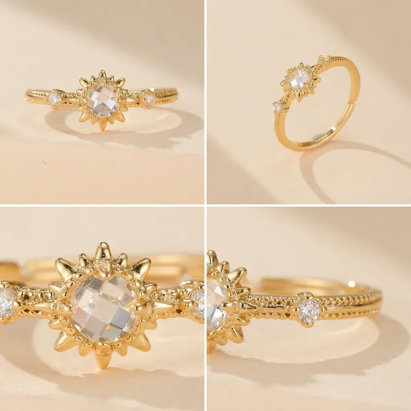 Bague Soleil | Bague femme fine en quartz clair et argent, taille ajustable