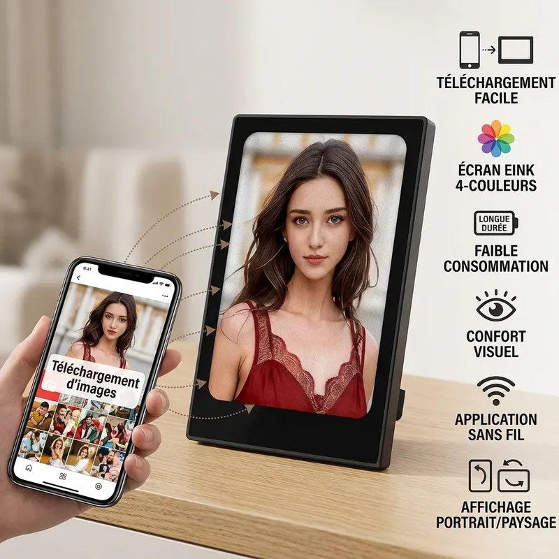 Cadre Photo Numérique Inko | Cadre numérique e-ink Bluetooth 4", magnétique