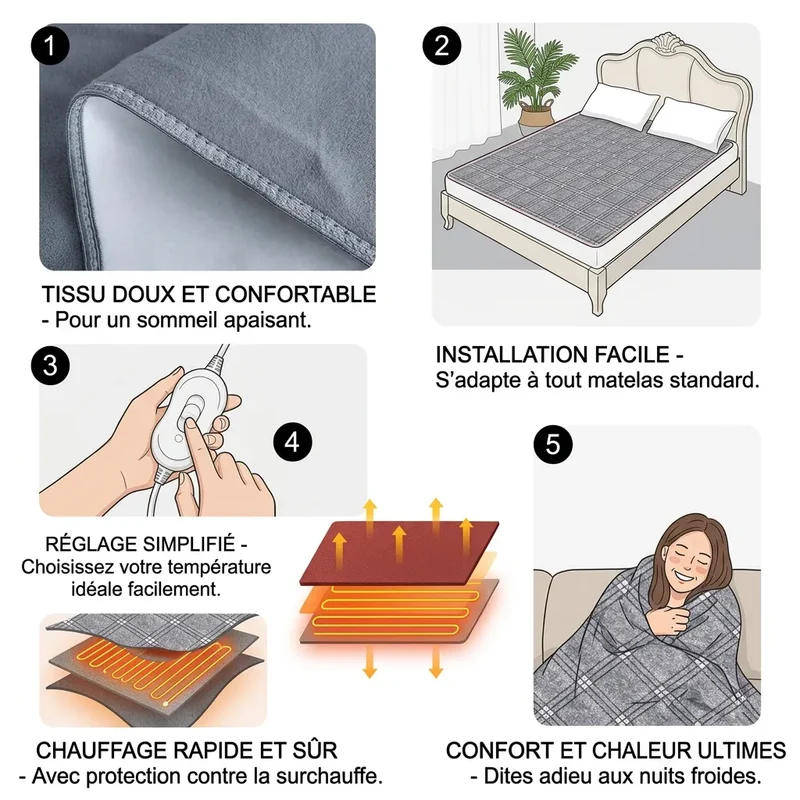 Couverture Chauffante Cocoona | Chauffe-lit électrique double à thermostat automatique, 220 V