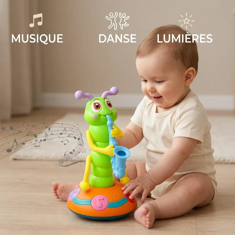 Doudou pour Bébé Musical Wiggly | Jouet Chenille dansante au saxophone à lumières