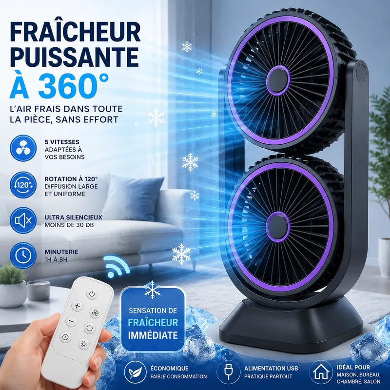 TwinBreeze | Ventilateur de Bureau Double Tête Rechargeable USB
