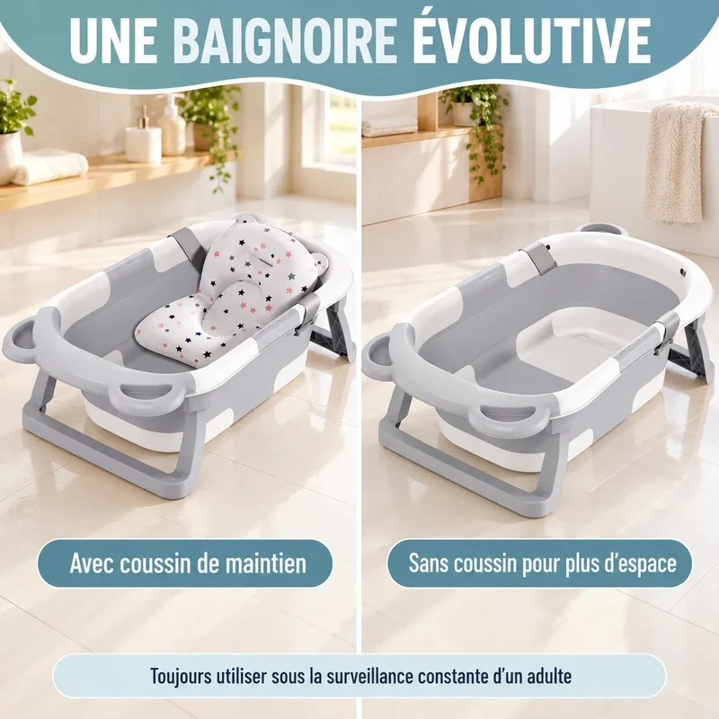 Baignoire bébé pliante | Thermomètre et coussin pour nouveau-né