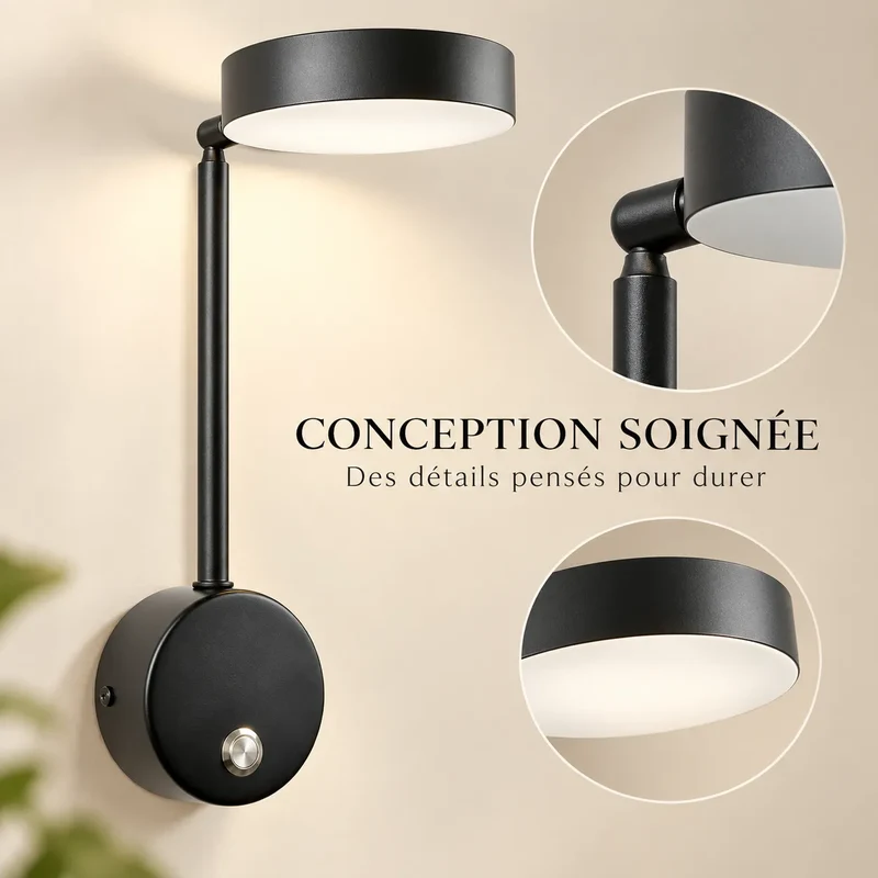 Applique Murale 9W | Lampe murale LED avec interrupteur, chambre et salon