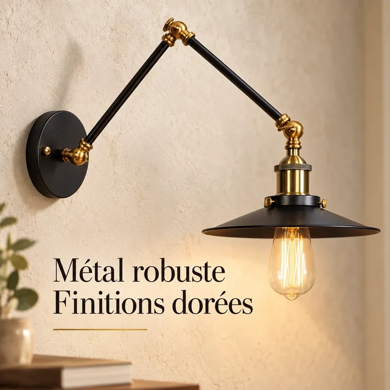 Applique Murale Nordica Noir | Lampe murale réglable en fer, chambre, bureau et chevet