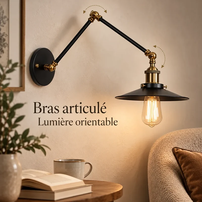 Applique Murale Nordica Noir | Lampe murale réglable en fer, chambre, bureau et chevet