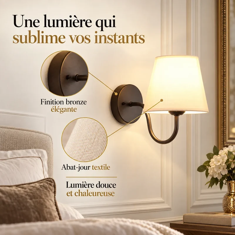 Applique Murale Lumina | Lampe murale moderne à abat-jour tissu, chambre et salon
