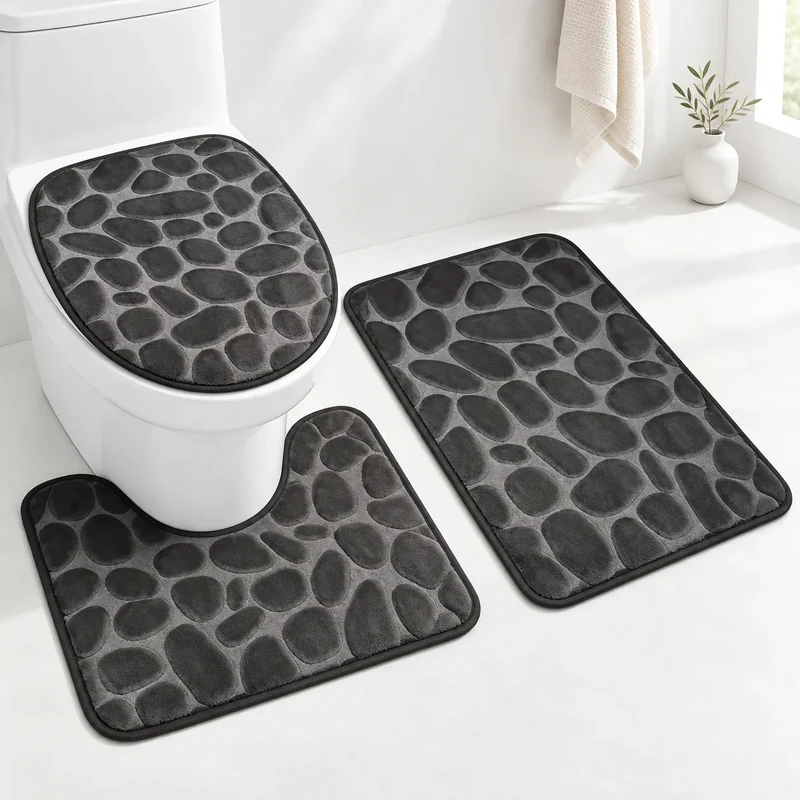 Ensemble Tapis de Salle de Bain Moelly | Set 3 pièces en microfibre, absorbant et antidérapant