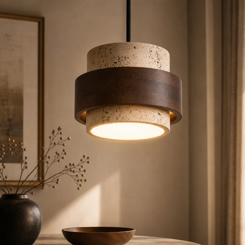 Livan - Suspension Design en Travertin et Bois pour Salon
