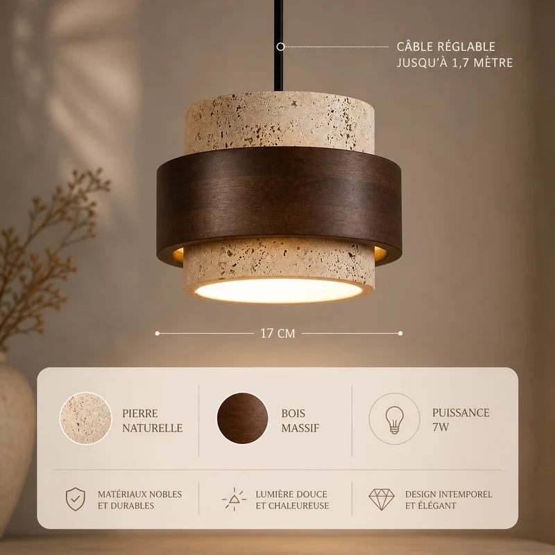Livan - Suspension Design en Travertin et Bois pour Salon