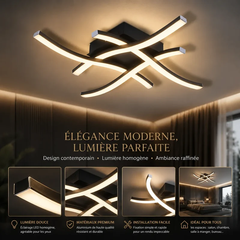 ÉLYSIA | Plafonnier à LED Incurvé Moderne pour Salon, Chambre et Cuisine
