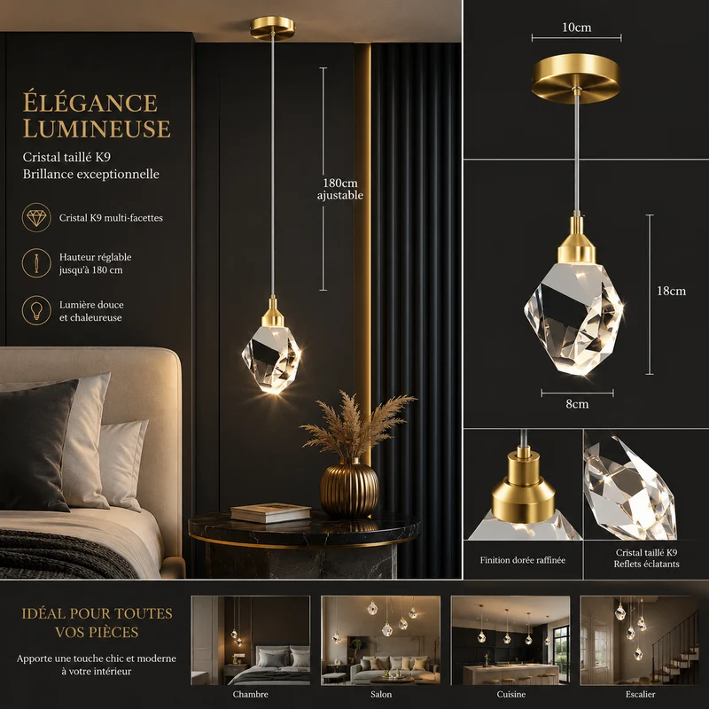 AURÉLIA | Lustre Salon Cristal LED Élégant pour Salle à Manger & Cuisine