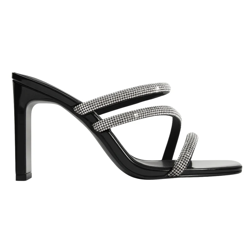 Sandales à talon femme noires élégantes – Bride strass croisée