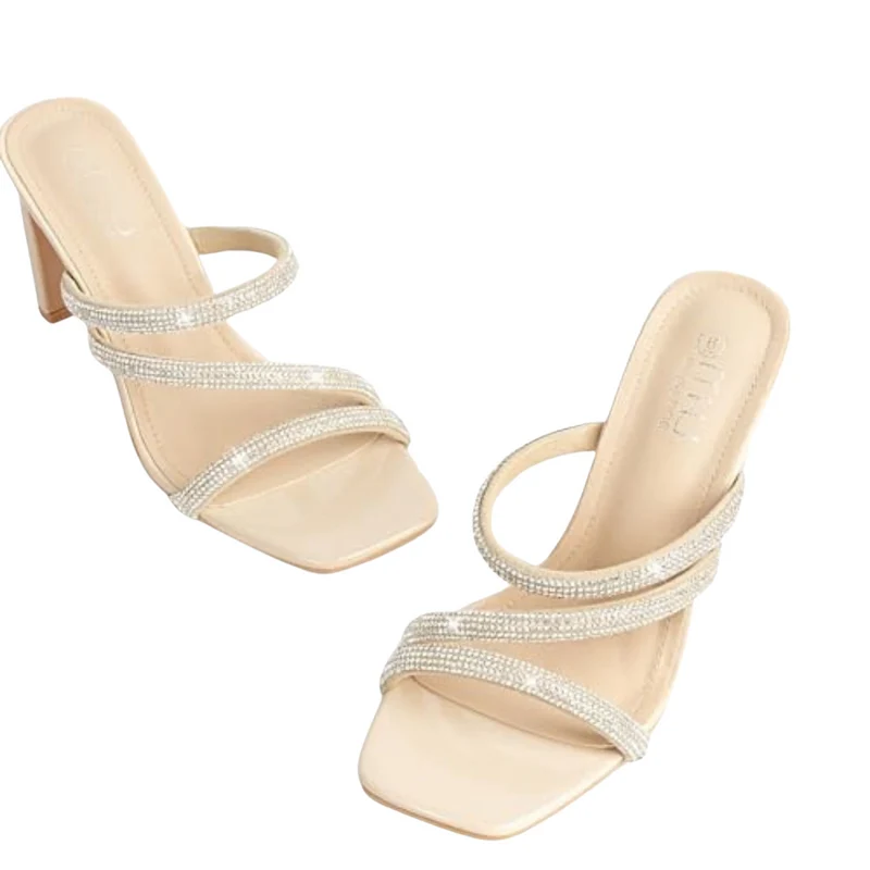 Sandales à Talons Femme avec Strass, Bout Ouvert, Slip-On, Brides Multiples
