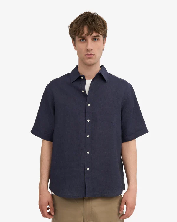 Colorful Standard Chemise Manches Courtes en Lin Navy Blue