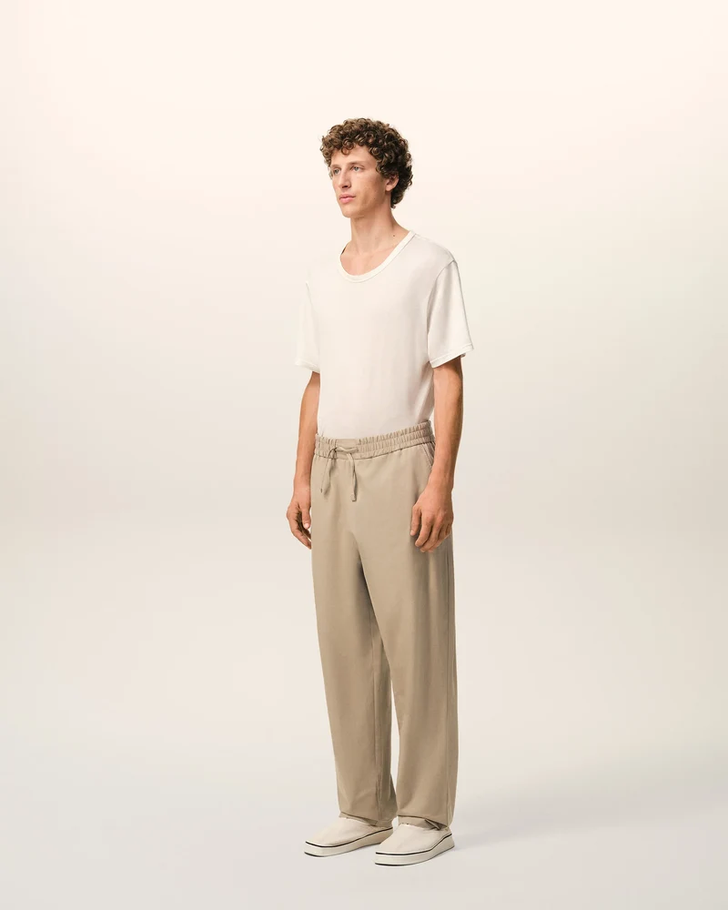 AMI Pantalon Taille Elastiquée en Coton Beige Taupe