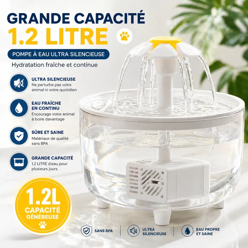 Fontaine LumiFleur - Fontaine à eau pour chat 1,2L USB silencieuse, 3 modes & filtre charbon