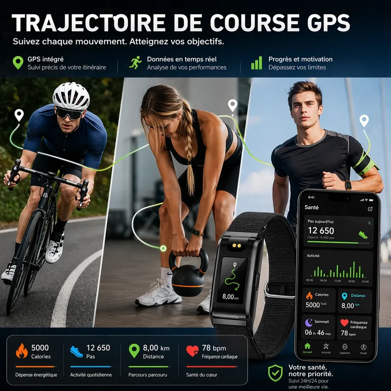 PulseBand Pro - bracelet montre connectée Santé, bracelet sport Sans Écran