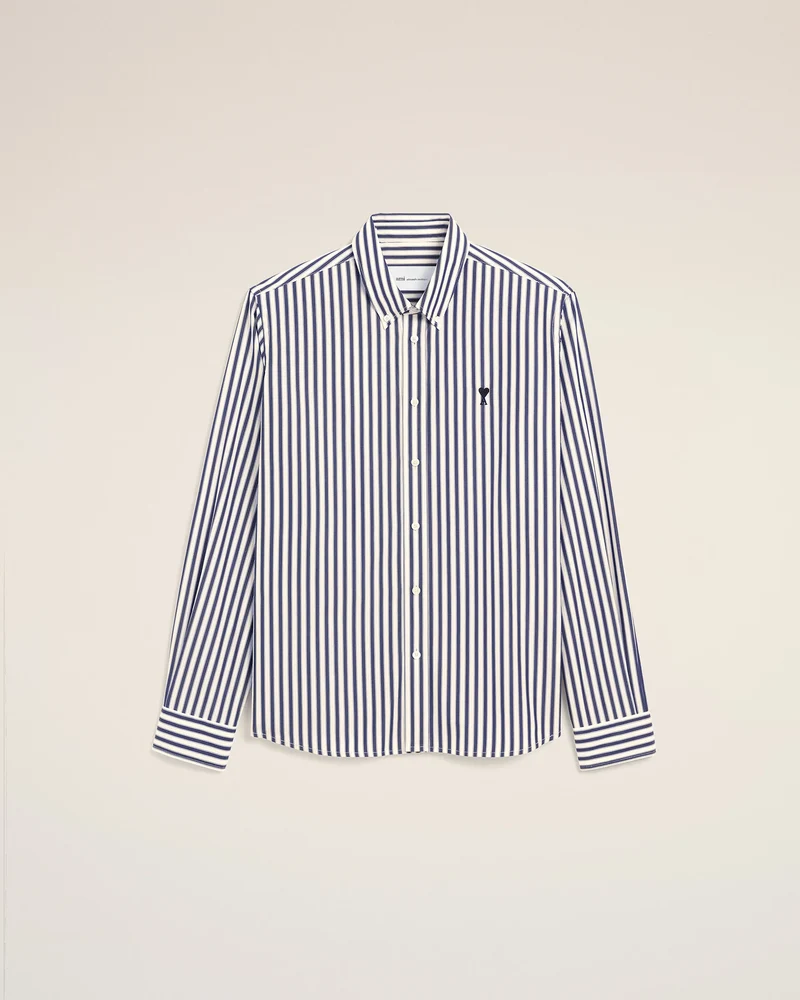 AMI Chemise Ami de Coeur Noir Popeline Rayé Bleu Roi