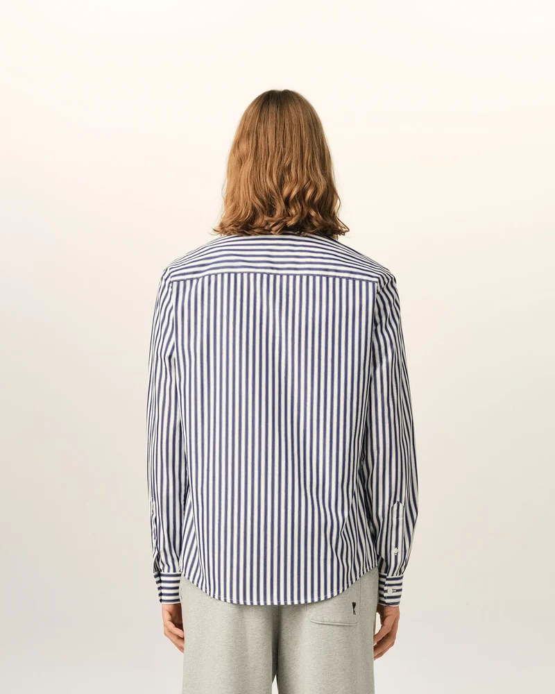AMI Chemise Ami de Coeur Noir Popeline Rayé Bleu Roi