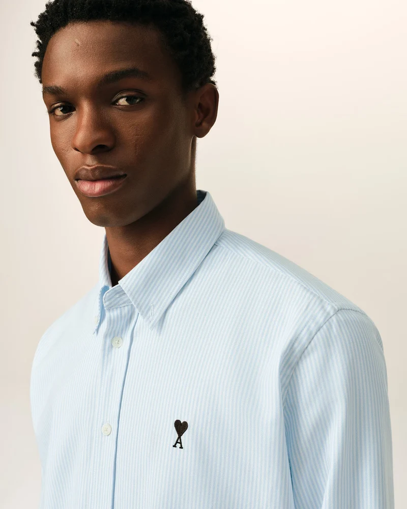 AMI Chemise Ami de Coeur Noir Oxford Rayé Bleu Ciel