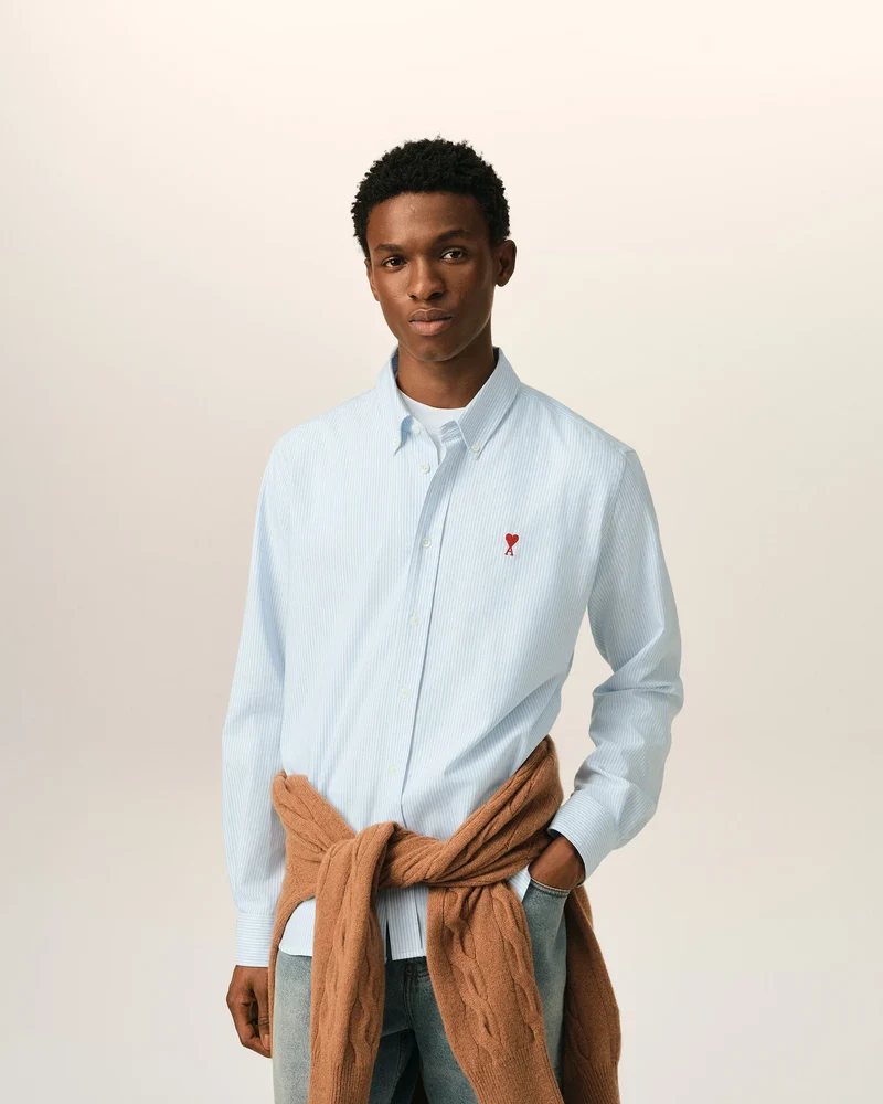 AMI Chemise Ami de Coeur Rouge Oxford Rayé Bleu Ciel