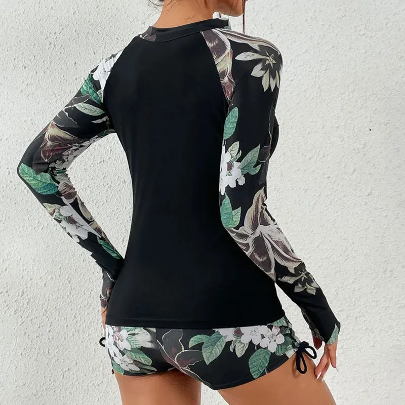 Élégance Marine - Tankini femme manches longues imprimé floral