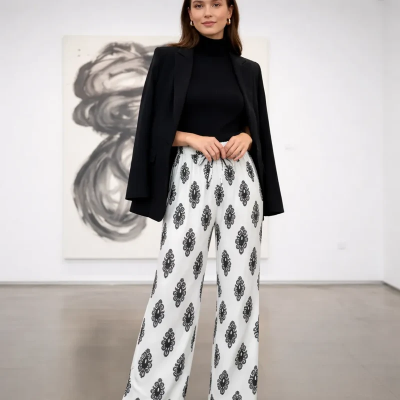 Soléa Pantalon fluide été femme – Imprimé bohème avec cordon