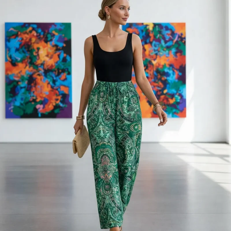 Vintara Pantalon fluide été femme – Imprimé vintage tie-dye