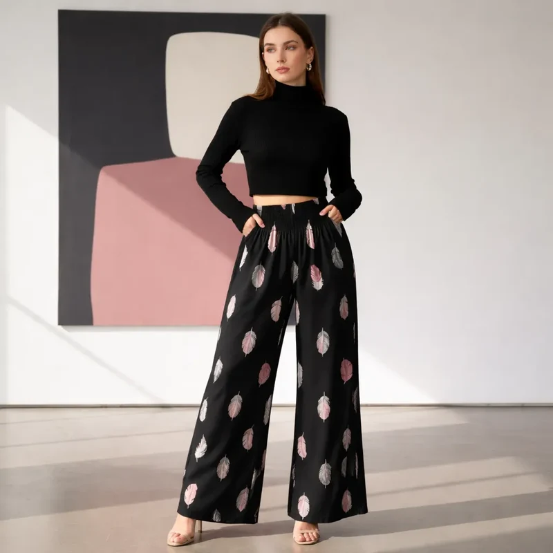 Aéria Pantalon fluide été femme – Imprimé plumes bohème
