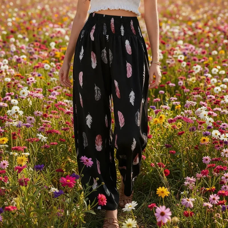 Aéria Pantalon fluide été femme – Imprimé plumes bohème