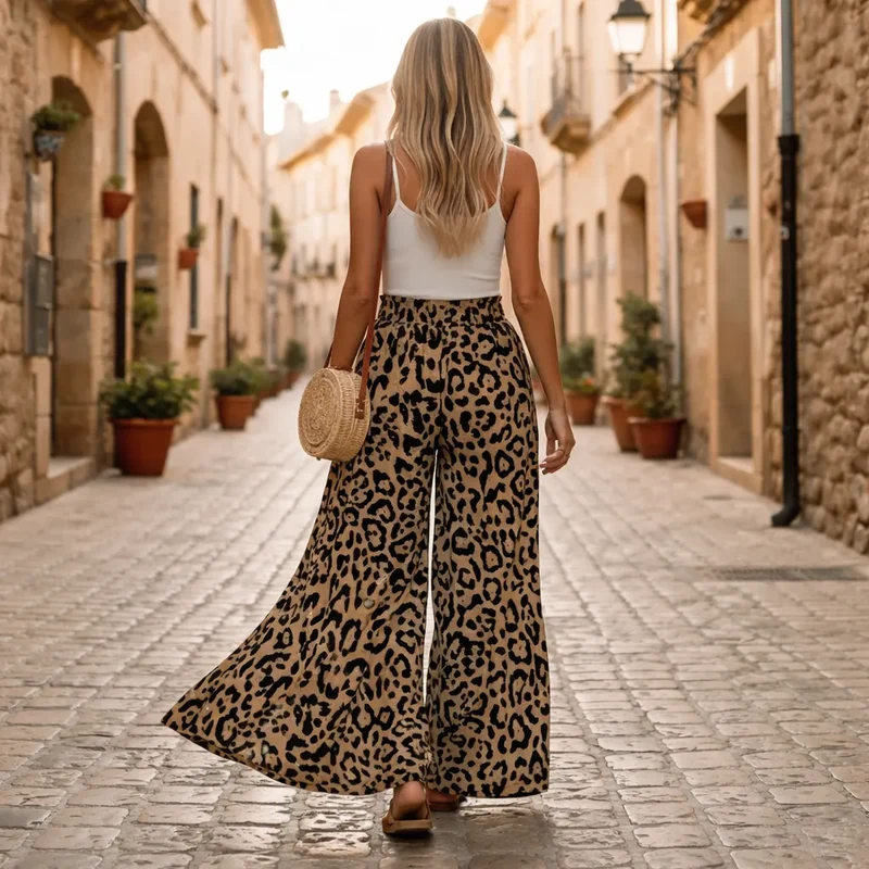Léona Pantalon fluide large femme – Motif léopard élégant
