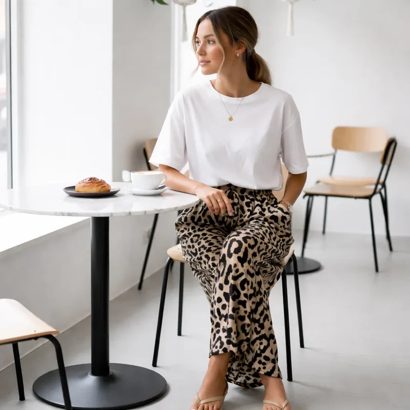 Léona Pantalon fluide large femme – Motif léopard élégant