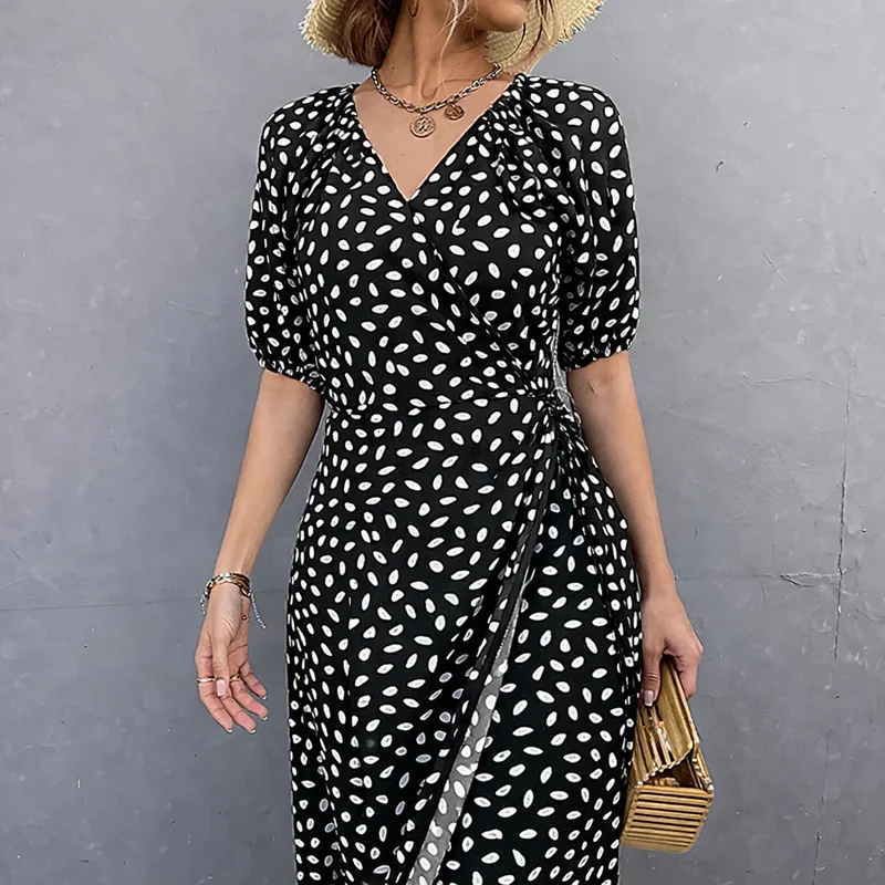Rosméra™ – Robe mi longue femme fluide pois col V