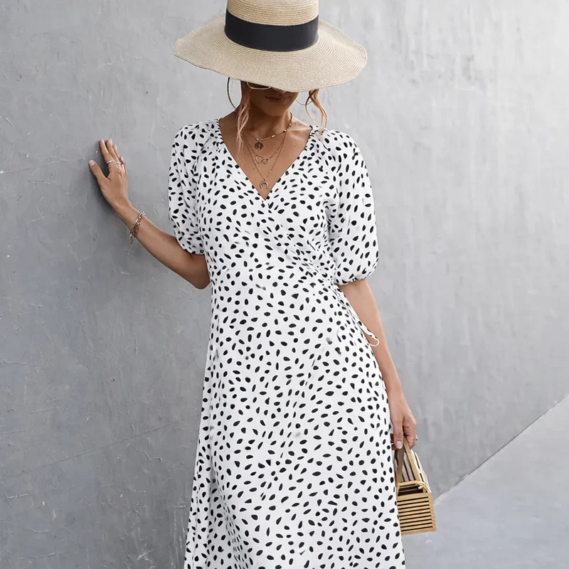 Rosméra™ – Robe mi longue femme fluide pois col V