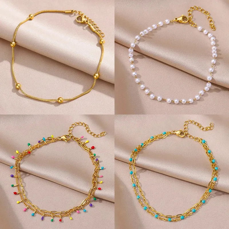 Bracelet de Cheville Bohème Doré Femme | Élégant Été Perles Acier Inoxydable